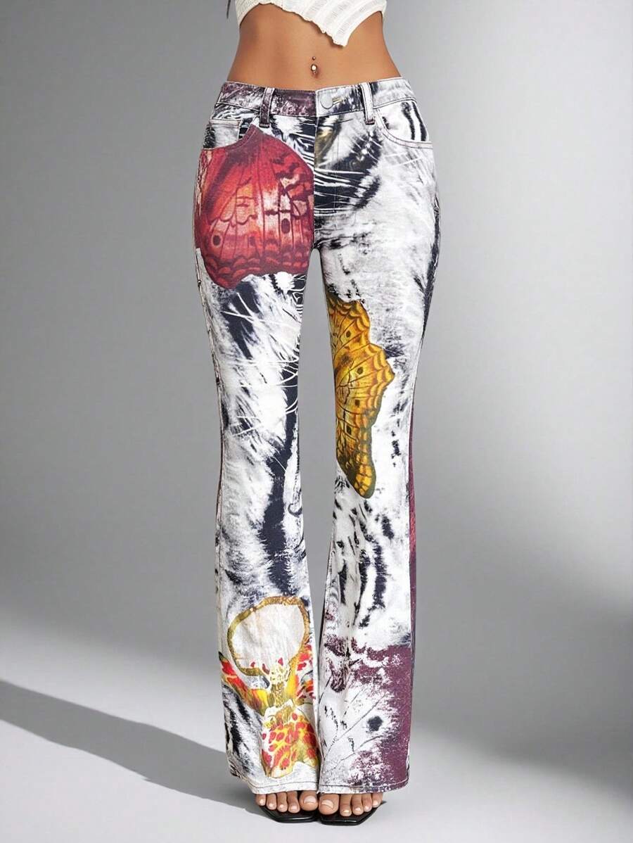 Jeanoix Jeans de mujer vaqueros informales con estampado de moda callejera vintage
