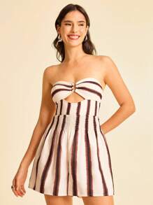 CAJUNI Women's Bandeau Striped Cutout Metal Buckle Decoration Bodysuit