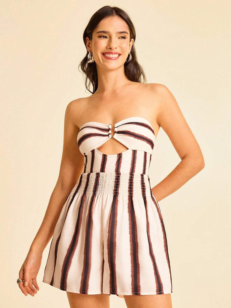 CAJUNI Women's Bandeau Striped Cutout Metal Buckle Decoration Bodysuit