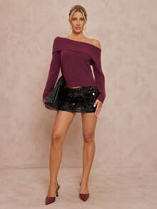 Lumalex Suéter casual de unicolor con hombros descubiertos para mujer, ideal para fiestas, banquetes, reuniones, festivales, vacaciones y bodas en temporada de otoño/invierno y primavera/otoño de lujo, ideal para fiestas de Navidad y Año Nuevo - Burdeos - Ver 3