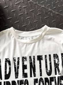 SHEIN Teens/Youth Casual Street Style Graphic Text Print Solid Color Comfortable Basic Crew Neck Short Sleeve T-Shirt, Suitable For Commuting, School, Leisure, Travel, Sports, Spring/Summer