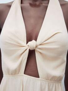 Maija Women's Light Apricot Fringed Hem Summer Dress, Versatile, Elegant Casual Urban Fashionable Design, Comfortable Fitted Neck-Tie Back Twist Knot Ruched Hem Fringed Splice Beach Vacation Style Mini Dress All-Match Summer Clothing For All Seasons, Modern Holiday Fashion Design, Comfortable Beach Beach Clothing, Bohemian Style, Isabi Island Holiday Wear, Summer Dopamine Holiday Wear, Ins Same Style Holiday Style, Exotic Atmosphere, Country Concert, Western Style Clothing - Apricot - View 6