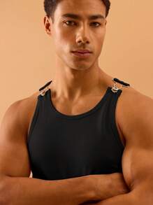 Musero 男士罗纹背心金属细节扣夏季春季度假沙滩池畔风 - 黑色 - 查看 2