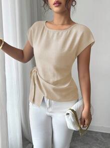 Rafferiza 休闲通勤百搭度假简约宽松圆领蝙蝠短袖不对称下摆设计柔软质感材质蓝色女衬衫夏季上衣女夏装夏季衬衫夏装女优雅上衣 - 卡其色 - 查看 4