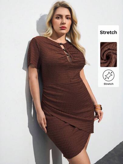 Maija Plus Size Women Solid Cutout Design Short Sleeve Bodycon Mini Dress, Summer  Romantic, Fashion, Versatile; Suitable For Summer Vacation, Comfortable, Bohemian Style, Beach Wear, Swimsuit Cover-Up, Stylish, Elegant, Casual, , Simple Daily Wear, Country Style, Essential, Solid Color, Holiday Casual, Decent, Single Lady, Ideal For Vacation Elegant Fashion Business Casual Woman Going Out Tops Graduation Outfit European Summer Hawaii Outfits Women