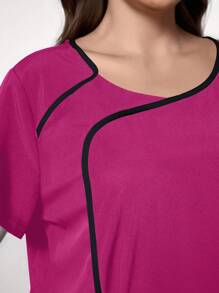 TaskEZ Plus Size Contrast Trim Short Sleeve Healthcare Scrub Uniform Top - Red Violet - View 5