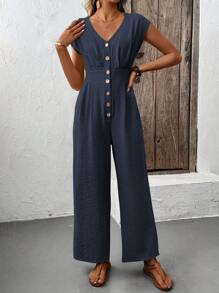 SHEIN LUNE Women's Solid Color Button V-Neck Wide Leg Loose Casual Jumpsuit