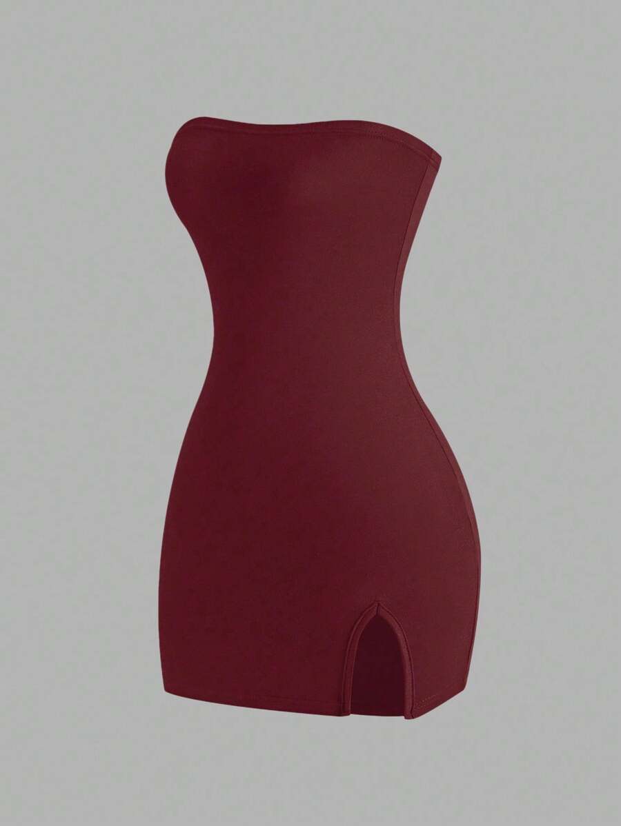 SHEIN Unity Women Plain Minimalist Casual Tube Dress Burgundy Color Women Outfit - Burgundy - View 1