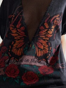 Bohemela 大码女式字母与蝴蝶印花拼接渔网设计蝙蝠袖短袖休闲 T 恤 - 黑色 - 查看 4