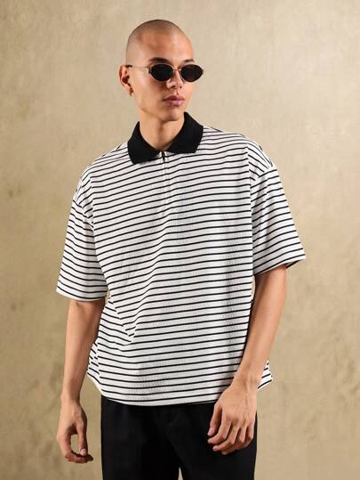 SUMWON 复古条纹半拉链 Polo 衫现代街头休闲夏季短袖超大经典单色学院风度假休闲