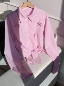 Comfortcana 女式休闲条纹3D花朵装饰系带衬衫