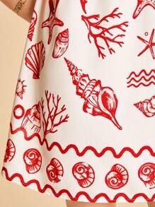 CAJUNI فستان قصير مع حمالات رفيعة واربطة، مطبوع بعناصر استوائية ساحلية مثل الصدف، فستان صيفي عادي للعطلة