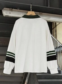 SHEIN Youth Casual Street Contrast Color Collegiate Text Print Comfortable Solid White Polo Shirt With Collar,Back-To-School Graduation Autumn Sports - Multicolor - View 2