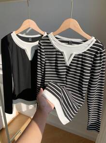 SHEIN EZwear Camiseta de manga larga casual de mujer con parches de colores contrastantes, para otoño/primavera