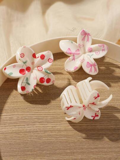 Kawaii 3 pièces Barrette à cheveux mignonne de taille moyenne avec fleurs de cerisier et nœud, style bohème de plage, convient pour une utilisation quotidienne