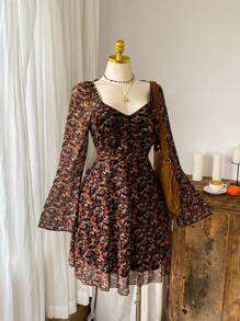 Comfortcana 大码休闲棕色枫叶印花长袖连衣裙，秋冬 - 彩色 - 查看 2