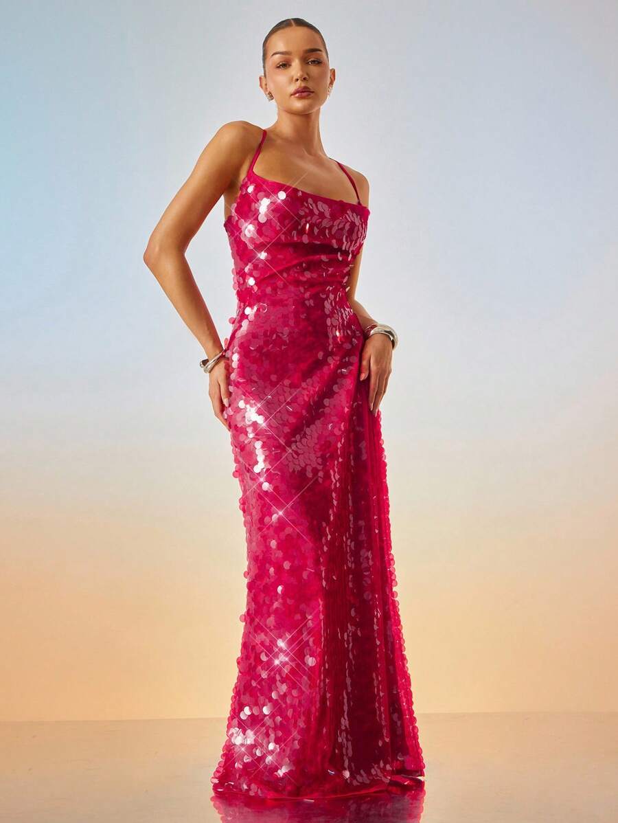 Hauture Women's Summer Night Vacation Sexy Red Sequin Low Back Maxi ...