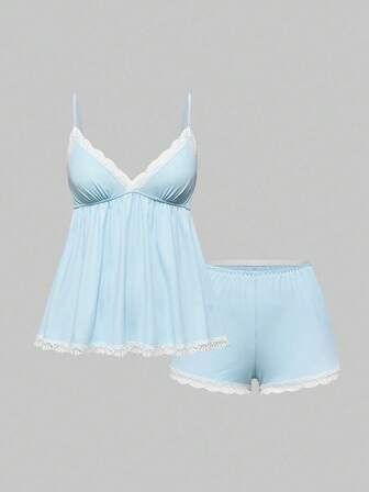Ribbed Lace Camisole & Shorts Lounge Set