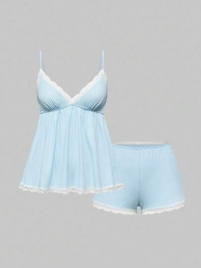 Ribbed Lace Camisole & Shorts Lounge Set
