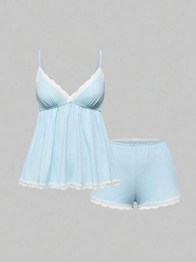 Ribbed Lace Camisole & Shorts Lounge Set