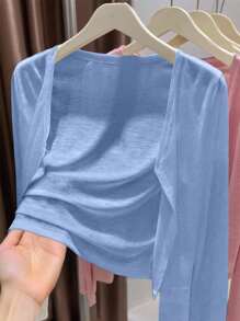 SHEIN 女士加大码轻薄长袖开衫，适合外出和度假穿着 - 藍色 - 查看 1
