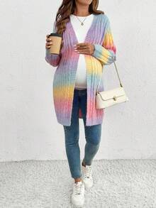 SHEIN Maternity Ombre Color Long Sleeve Open Front Casual Long Cardigan - Multicolor - View 7