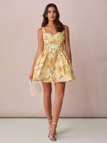 Enchnt Women's Elegant Floral Allover Print Mini Dress For Summer - Yellow - View 5