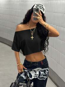 StreetHx Petite Women's Casual Solid Color Oblique Shoulder Cropped T-Shirt, Summer - Black - View 3