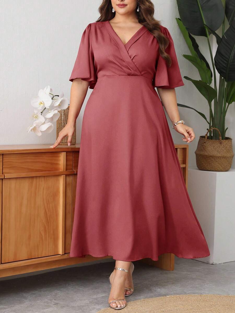 Modelyn Plus Size V-Neck Ruffle Sleeve Cinched Waist A-Line Maxi Dress, Elegant Romantic Charm, Spring/Summer - Red Violet - View 1