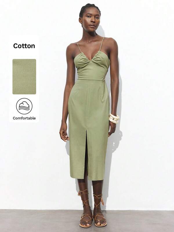 Maija Abito bohémien da vacanza estiva 2025 con spaghetti strap, regolabile con laccetti, pieghe frontali, fessura in vita, allacciatura incrociata sulla schiena, adatto per uscite, feste, matrimoni, lauree, in stile vintage