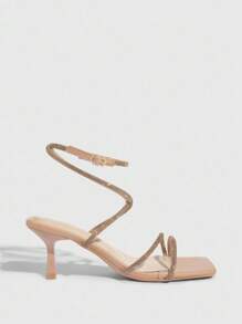 CUCCOO SZL 时尚粉棕色水钻细带踝带方头细高跟凉鞋，适合通勤、约会、派对、度假 - 棕色 - 查看 7