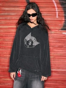 Astro Boy X ROMWE Back To School Collegiate Style Rhinestone Embellished Loose Fit Sweatshirt For Women