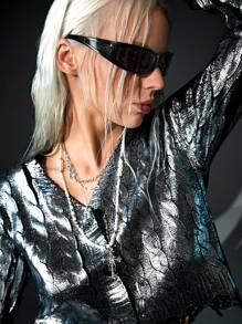 CasuGlow Women Foil Print Cable Knit Silver Knit Cardigan Button Front 2000s Style Y2k Clothes Silver Metallic Top - Silver - View 6