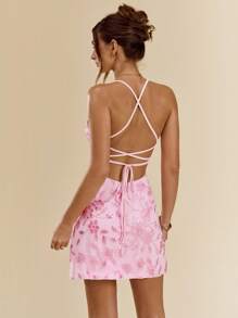 SHEIN BAE Váy liền thân hở lưng màu xanh lá cây gợi cảm đính hạt sequin, váy ngắn thanh lịch và gợi cảm cho bãi biển, kỳ nghỉ, mùa hè - Màu Hồng baby - Xem 3