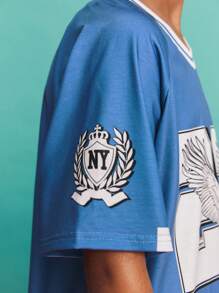 SHEIN Camiseta de manga corta con cuello en V casual, suelta y cómoda con estampado de letras para niño preadolescente - Azul - Ver 5