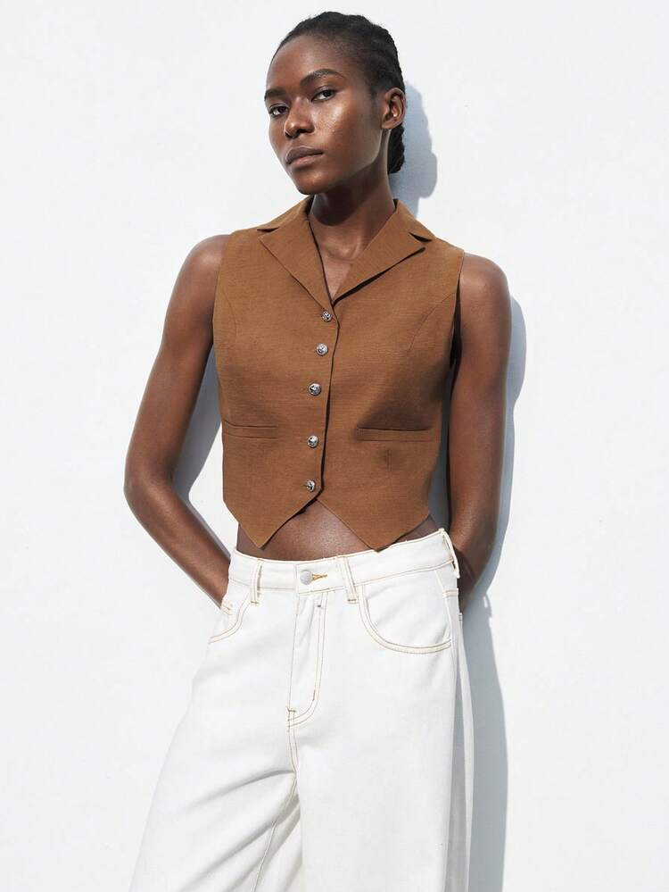SHEIN Maija 2025 Spring/Summer New Versatile Lightweight High-End Collar Metal Button Decorative Retro Style Sleeveless Vest For Women, Suitable For Casual/Office Wear, Picnic, Music Festival, Back To School, Mother's Day Business Casual Woman Western Airport For Women