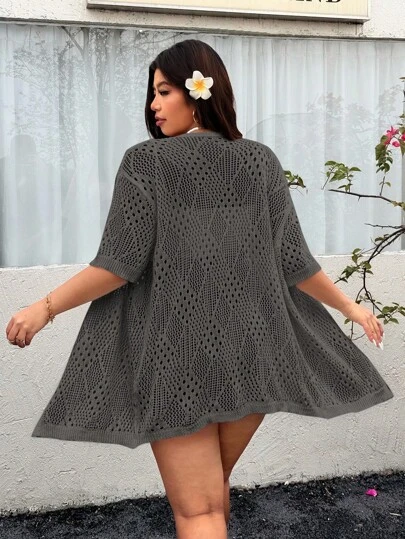 SHEIN EZwear Plus Size Women's Solid Color Short Sleeve Hollow Out Loose Long Casual Cardigan