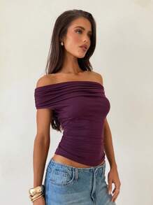 Aloruh Solid Color Pleated Fitted Off Shoulder Elegant Fashion T-Shirt