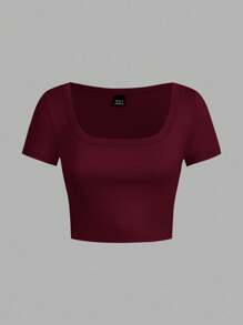 SHEIN EZwear 4 件套休闲简约黑色、深酒红色、灰色、白色圆领/方领短袖短款紧身 T 恤女款，适合夏季 - 彩色 - 查看 7