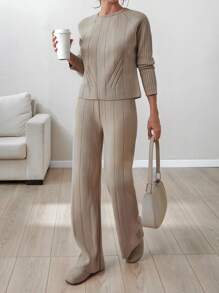 EURMUSE Women Solid Color Rib Knit Round Neck Drop Shoulder Pullover & Sweater Pants Set,Petite,Winter Clothes - Beige - View 3