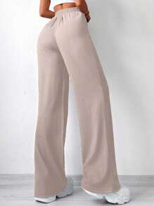 EURMUSE Damen Lässig einfarbige Hose mit elastischem Bund, Seitentaschen und weitem Beinverlauf - Beige - Übersicht 5