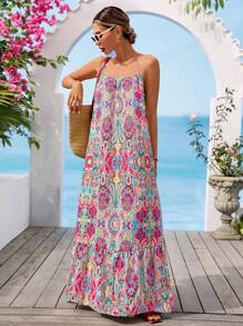 Vivid Eden 女士休闲无袖连衣裙，荷叶边下摆，休闲印花图案，适合度假穿着 - 彩色 - 查看 5