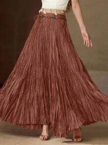 MOTF PREMIUM SOLID HIGH WAIST PLISSE MAXI SKIRT WITH BELT - Orange - View 8