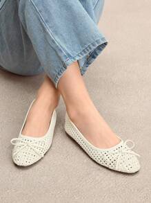 Rosivie Women Shoes Women's Flat Shoes Round Toe Silver Bow French Mary Jane Breathable Woven Hollow Buckle Strap Retro Casual Outdoor Shoes - Apricot - View 11