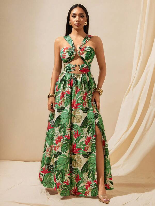 Vixey 100 % Baumwolle, tropischer Blume Muster, ausgeschnittenes Detail, Maxi-Sonnenkleid, tropisches Kleid, Resort-Kleidung für Damen, Maxikleid mit tropischem Druck, Urlaubsoutfits für Frauen, langes Sommerkleid