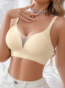 1pc Casual Seamless Mesh Splice Solid Scallop Trim Adjustable Wireless Removable Padded Bra For Women - Beige - View 3