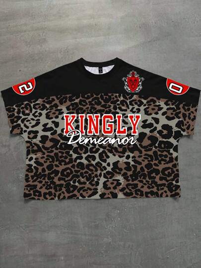 Prep Camiseta de manga corta casual de hombre con estampado de leopardo y parches, para el verano