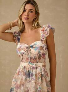 Enchnt 春夏浪漫女士卡其色花卉印花高开衩甜心领荷叶边下摆长裙，甜美优雅，适合度假、约会、节日、派对、毕业典礼、婚礼宾客和海滩，舞会礼服，女士夏季连衣裙，女士太阳裙，夏季服装，优雅的派对连衣裙 - 彩色 - 查看 2