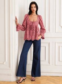 GENKIRA New Autumn Heavy Embroidery Beer Festival Brick Red Embroidery Deep Round Square Collar Tie Long Sleeve Shirt Fall Cloth For Women - Dusty Pink - View 4