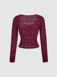 SHEIN MOD Blusa de manga larga con cuello redondo de encaje rojo para mujer - Burdeos - Ver 2